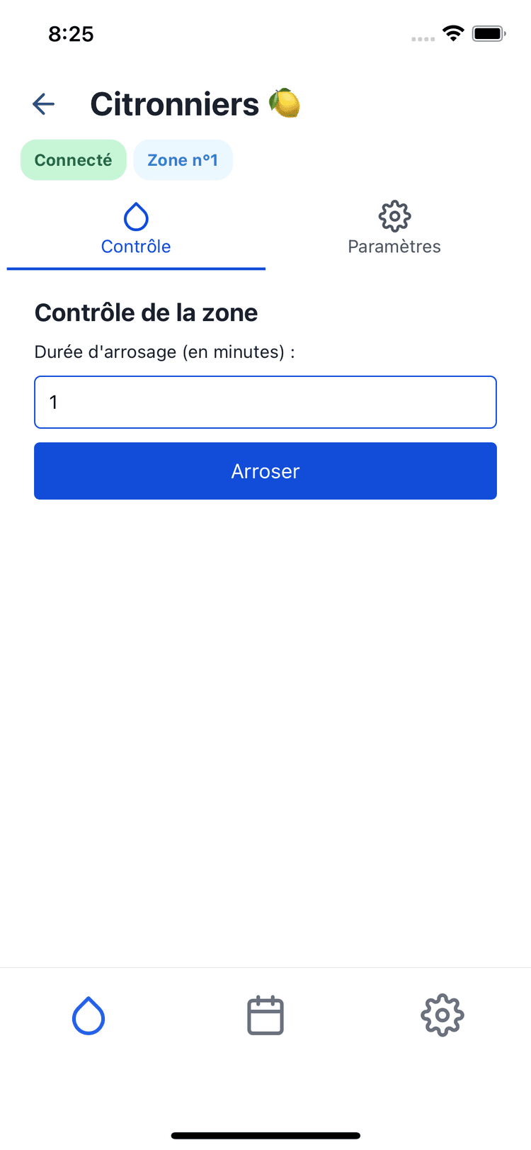 Ecran d'une zone d'arrosage qu'on peut arroser à tout moment