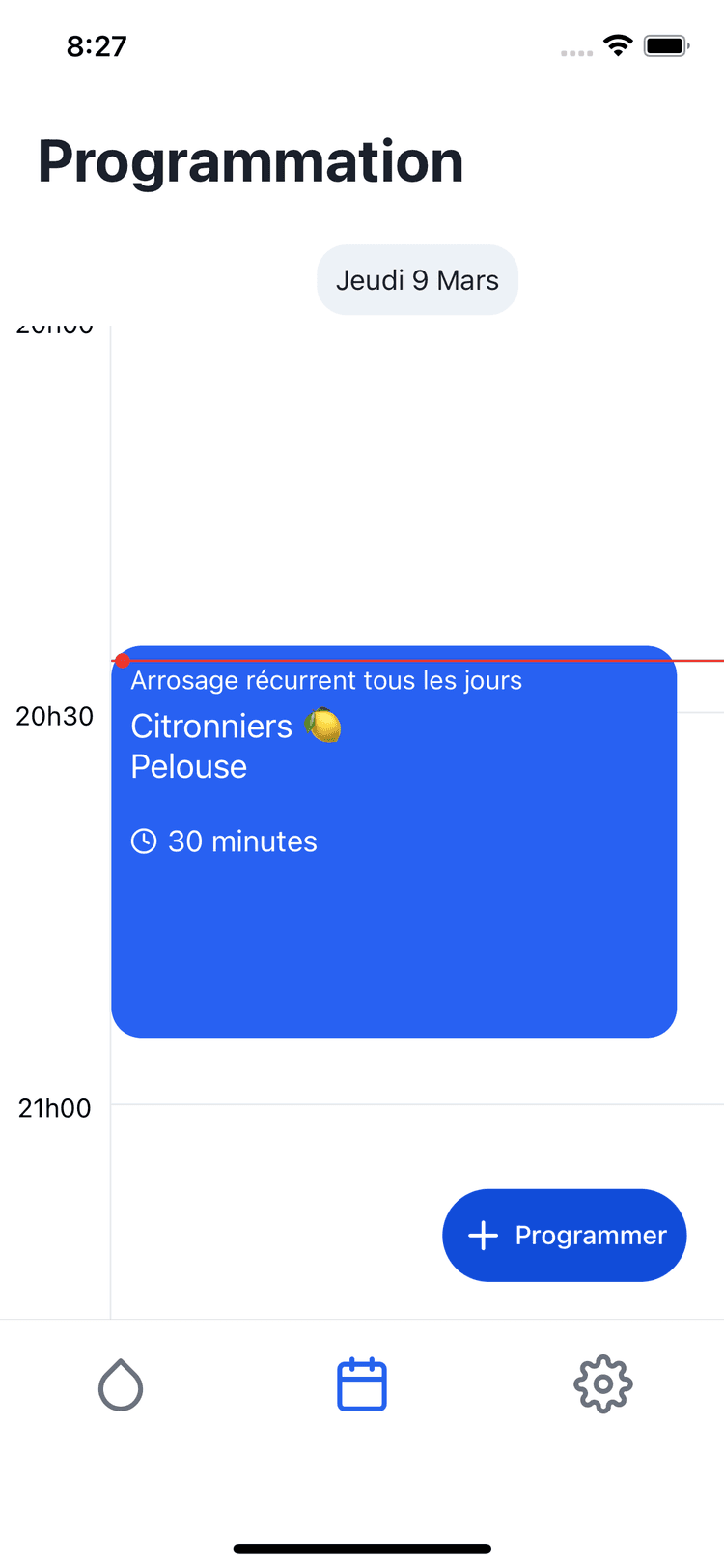 Ecran de programmation des arrosages (vue calendrier des prochains arrosages programmés)